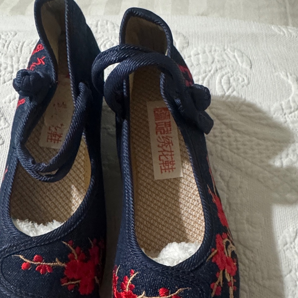 Navy Shoes with Red Floral Embroidered Denim Wedge